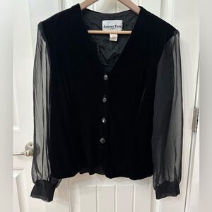 Another Thyme Vintage Black Velvet Sheer Sleeve Button-Up Blouse sz Large